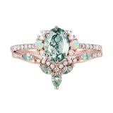 Sterling Silver 10K 14K 18K Gold  Personalized  Engraved Natural Moss Agate Engagement Bridal Wedding Ring Set