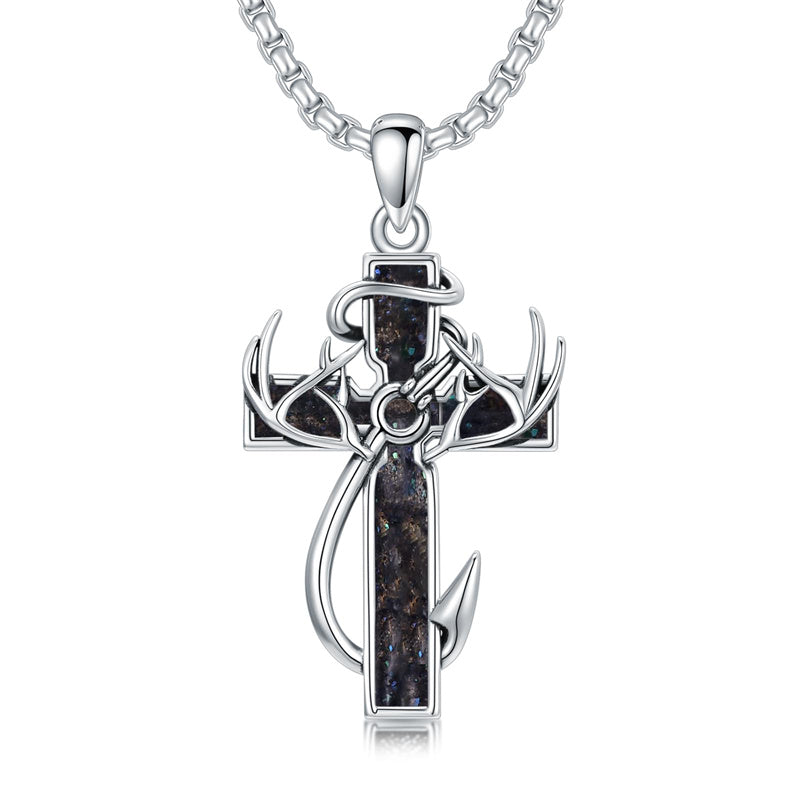 Sterling Silver Fish Hook Cross Pendant Necklace for Men