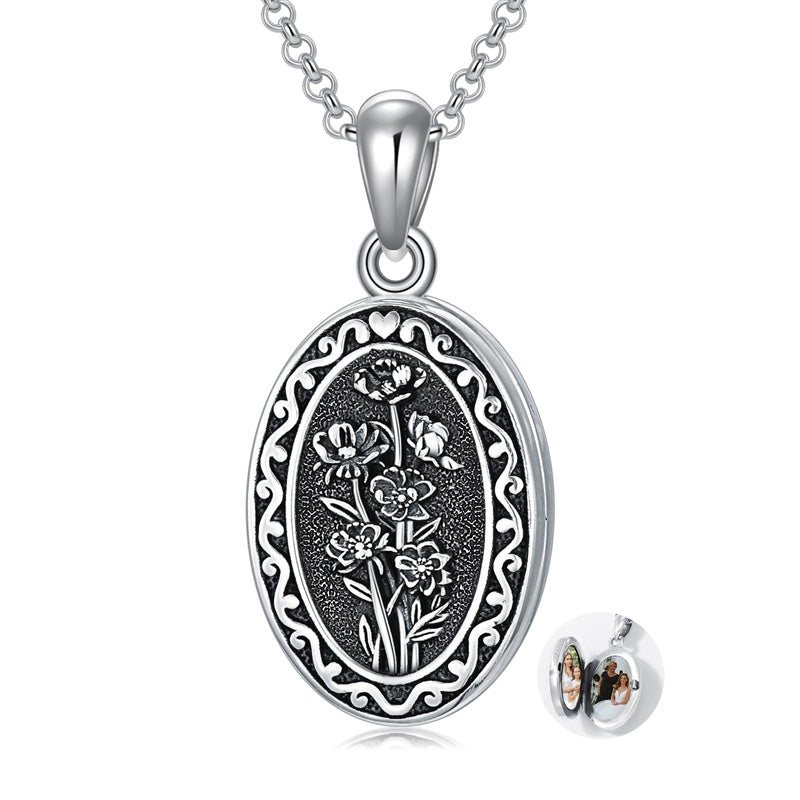 Sterling Silver Personalized Photo 12 Month Birth Flower Pendant Necklace