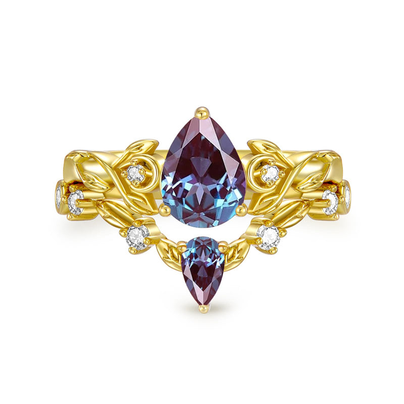 Sterling Silver 10K 14K 18K Gold Pear Cut Gemstone Leaf  Engagement Ring Set
