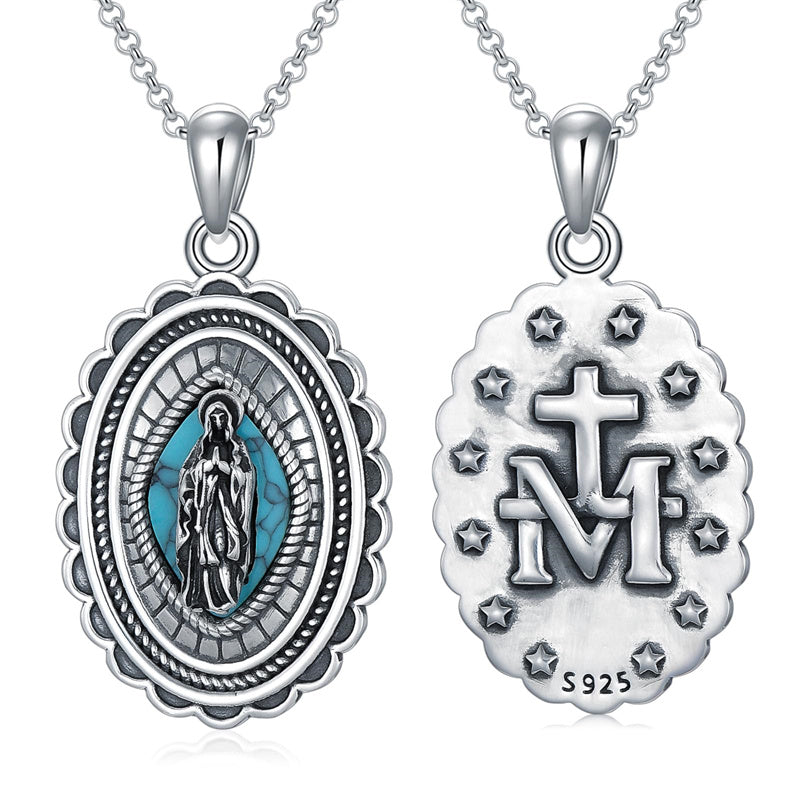 Sterling Silver Turquoise Virgin Mary Protection Pendant Necklace