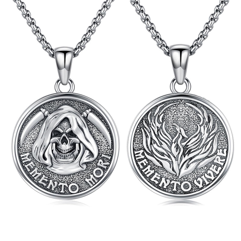 Sterling Silver Memento Mori Gothic Skull Amulet Pendant Necklace for Men