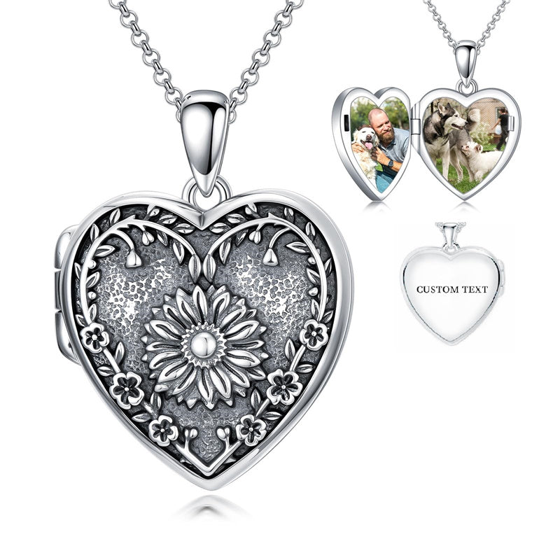 Sterling Silver Personalized Photo Heart Sunflower Pendant Necklace