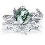 Sterling Silver Pear Kite Round Oval Cut Natural Moss Agate Leaf Engagement Wedding Promise Ring Set