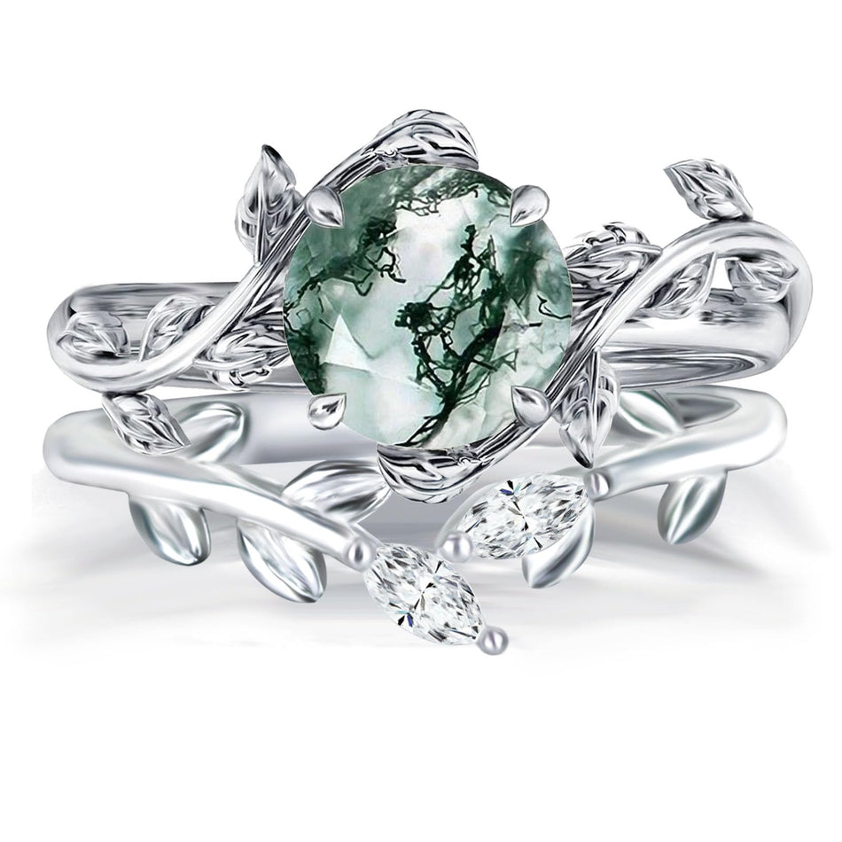 Sterling Silver Pear Kite Round Oval Cut Natural Moss Agate Leaf Engagement Wedding Promise Ring Set