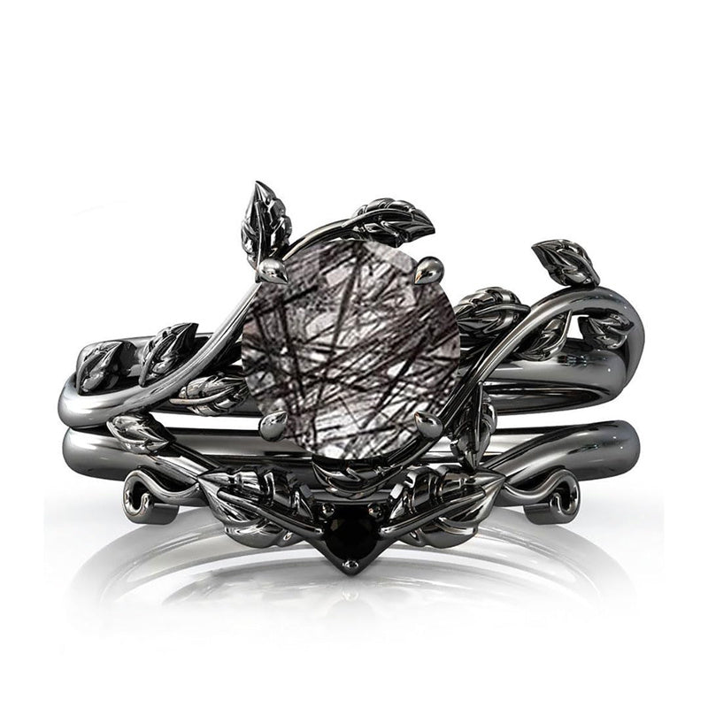 Sterling Silver 10K 14K 18K Personalized Engraved 2CT Natural Black Rutilated Quartz Engagement Ring Set