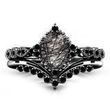 Sterling Silver 10K 14K 18K Personalized Engraved 2CT Natural Black Rutilated Quartz Engagement Ring Set