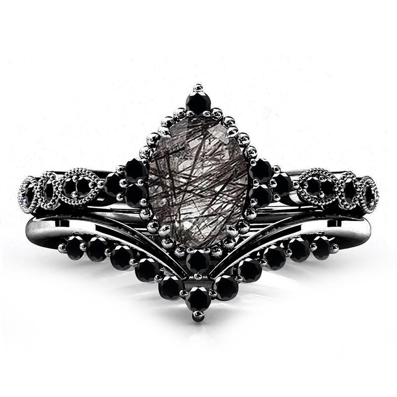 Sterling Silver 10K 14K 18K Personalized Engraved 2CT Natural Black Rutilated Quartz Engagement Ring Set