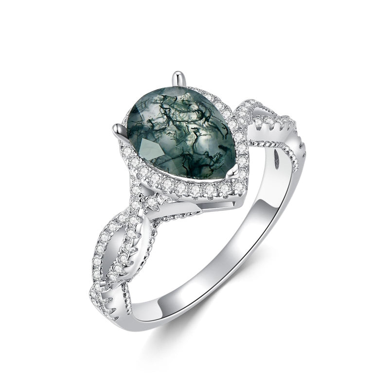 Sterling Silver Natural Moss Agate Engagement Ring