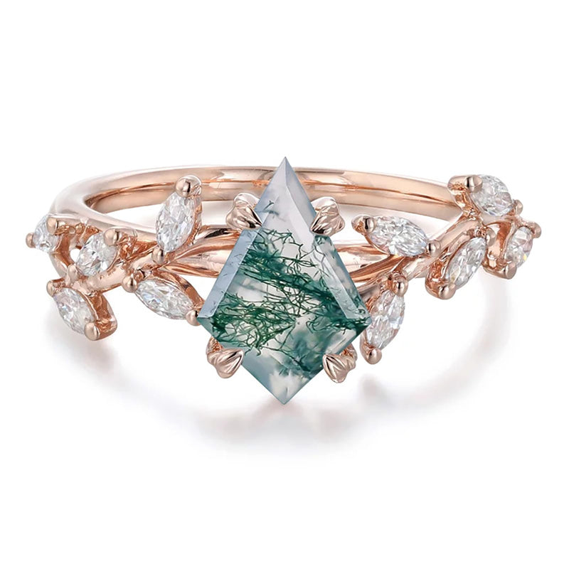 Sterling Silver 10K 14K 18K 2CT Natural Moss Agate Leaf Engagement Wedding Promise Rings Set