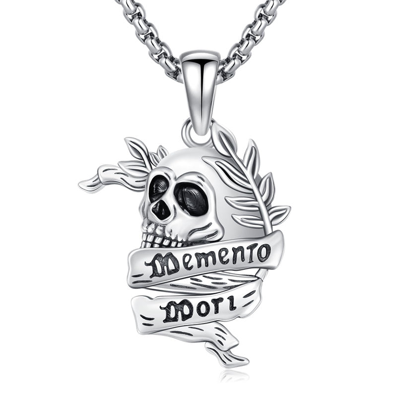 Sterling Silver Memento Mori Gothic Skull Amulet Pendant Necklace for Men