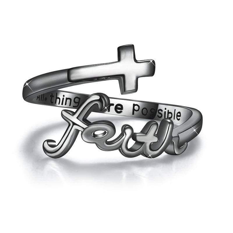 Sterling Silver Adjustable Cross Inspirational Ring With Engraved
