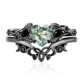 Sterling Silver Black Heart Moss Agate Engagement Wedding Ring Set for Women
