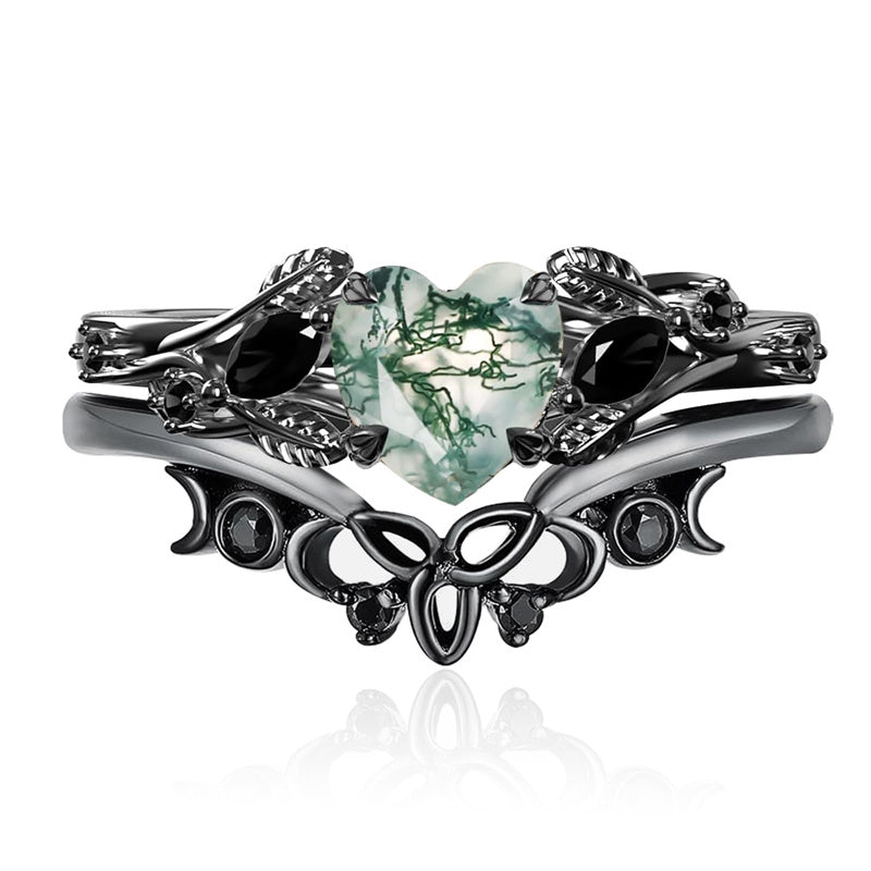 Sterling Silver Black Heart Moss Agate Engagement Wedding Ring Set for Women