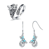 Sterling-Silver White Turquoise Dragonfly Spoon Ring and Dragonfly Sunflower Dangle Earrings