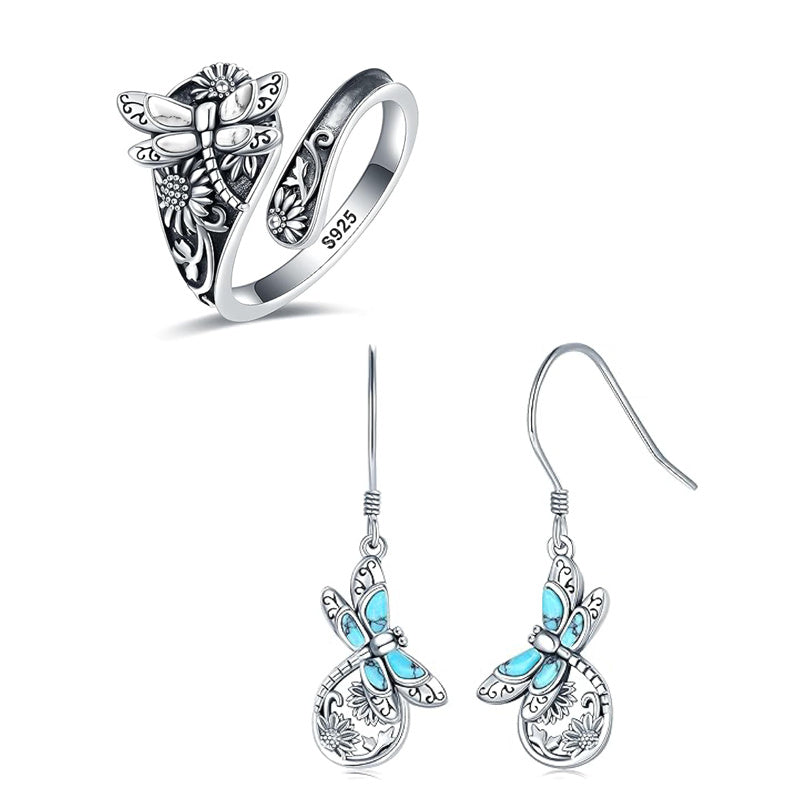 Sterling-Silver White Turquoise Dragonfly Spoon Ring and Dragonfly Sunflower Dangle Earrings