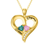 10K 14K 18K Gold Personalized 2 Birthstone Engravd Heart Pendant Necklace