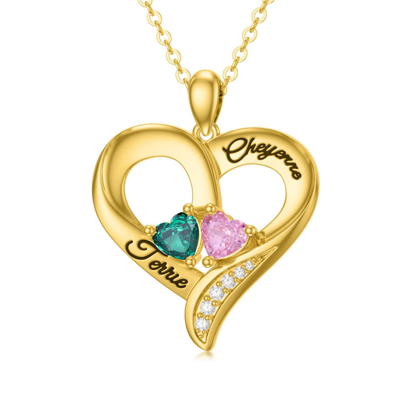 10K 14K 18K Gold Personalized 2 Birthstone Engravd Heart Pendant Necklace