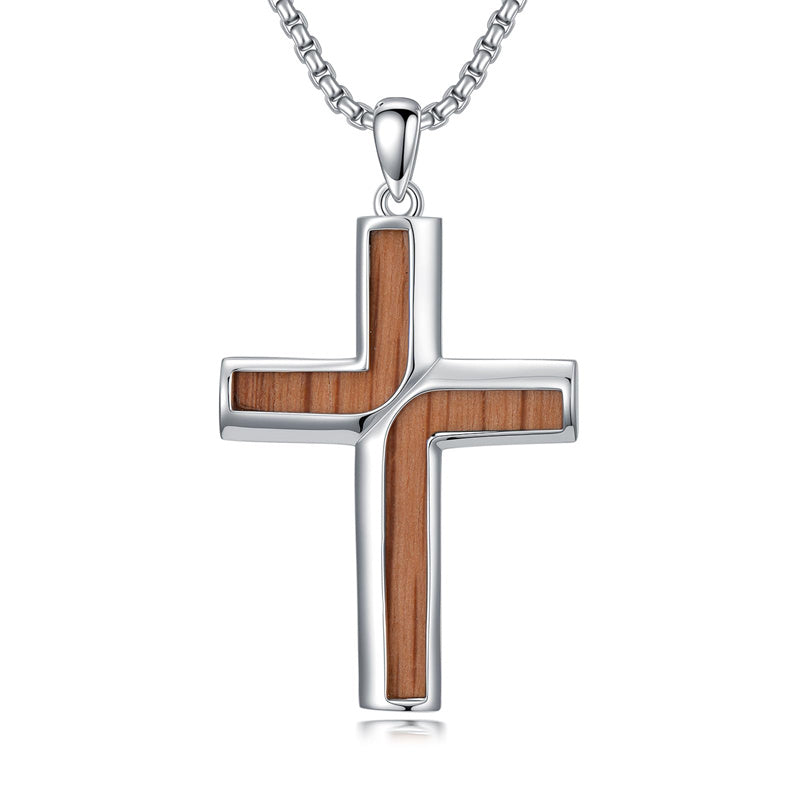 Sterling Silver Wooden Cross Pendant Necklace