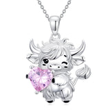 Sterling Silver Heart  Birthstone Highland Cow Pendant Necklace