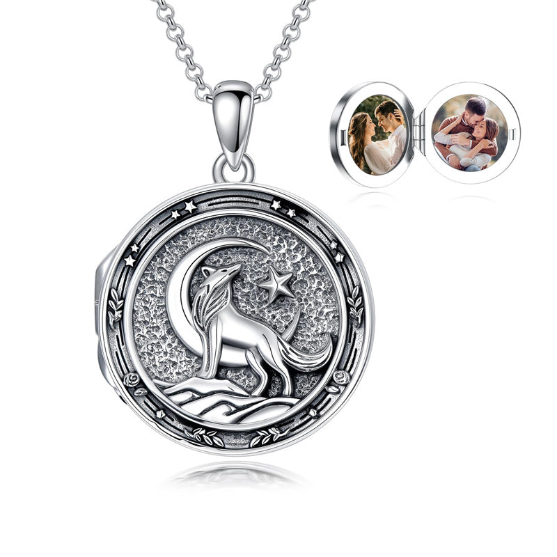 Sterling Silver Wolf Photo Locket Necklace