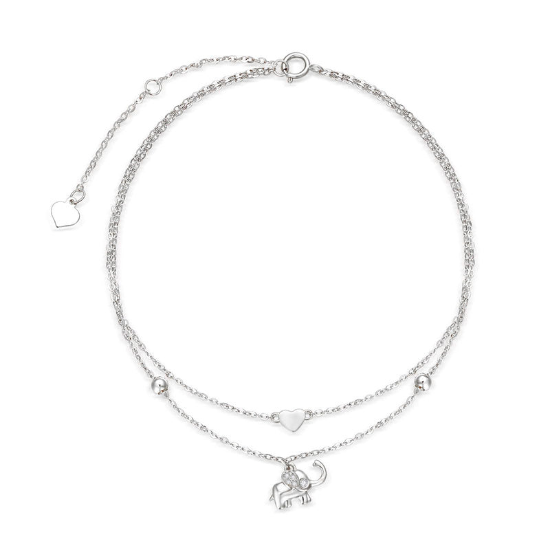 14K Solid Gold Elephant Layered Heart Anklet