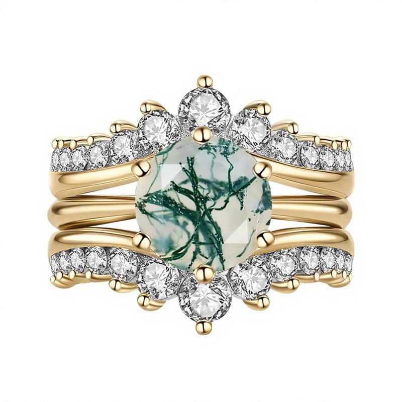 Sterling Silver Round Natural Moss Agate Couples Promise Wedding Ring Set