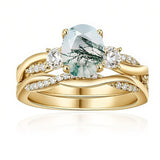 Sterling Silver Oval Round Natural Moss Agate Couples Promise Wedding Ring Set