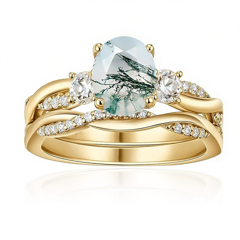 Sterling Silver Oval Round Natural Moss Agate Couples Promise Wedding Ring Set