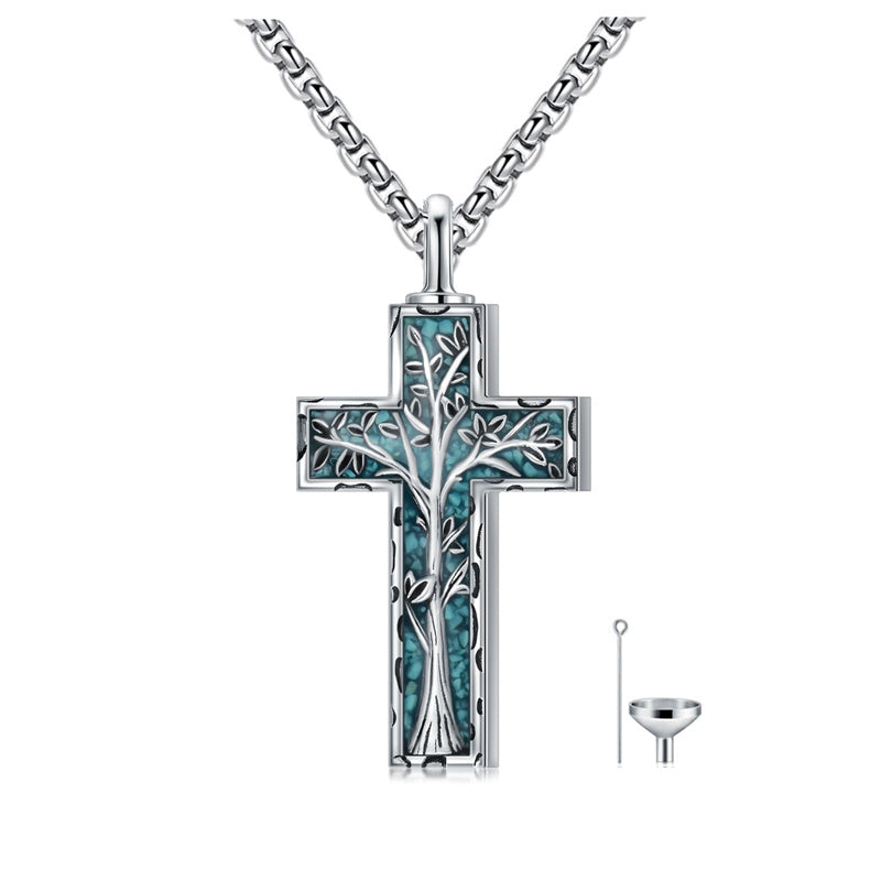 Sterling Silver 3D Bar Turquoise Tree of Life Urn Necklace for Ashes