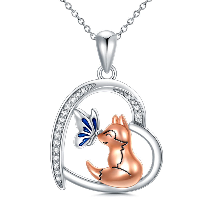 Sterling Silver Fox & Butterfly Pendant Necklace