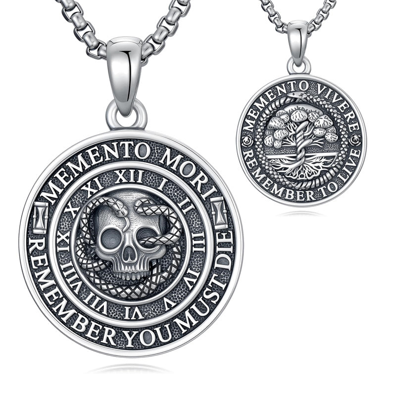 Sterling Silver Memento Mori Gothic Skull Amulet Pendant Necklace for Men
