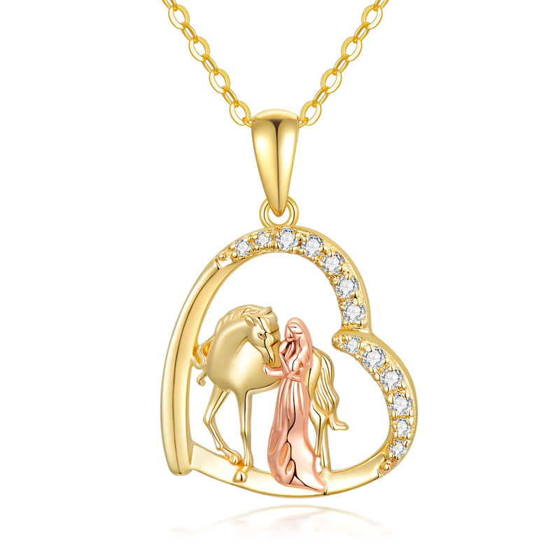 14K Gold Horse and Girl Heart Pendant Necklace