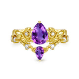 Sterling Silver 10K 14K 18K Gold Pear Cut Gemstone Leaf  Engagement Ring Set