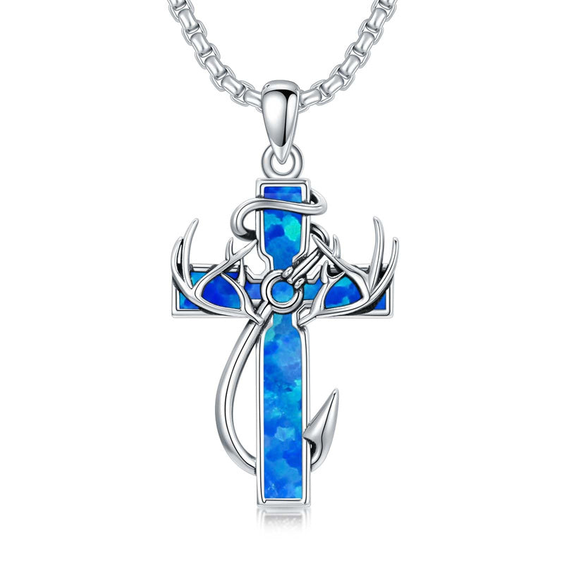 Sterling Silver Fish Hook Cross Pendant Necklace for Men