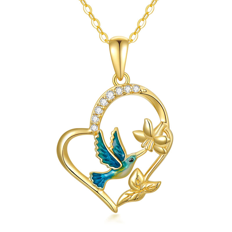 14K Gold Hummingbird Heart Pendant Necklace