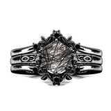 Sterling Silver 10K 14K 18K Personalized Engraved 2CT Natural Black Rutilated Quartz Engagement Ring Set