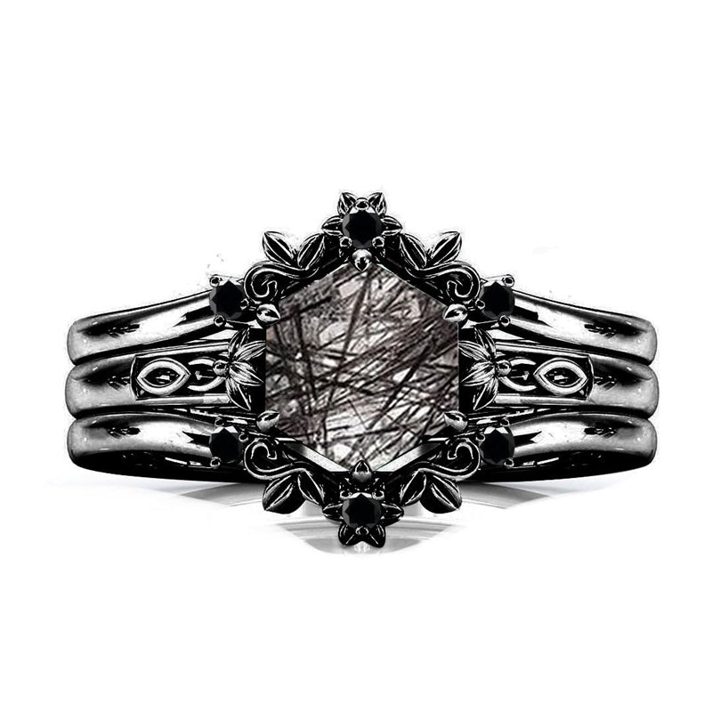 Sterling Silver 10K 14K 18K Personalized Engraved 2CT Natural Black Rutilated Quartz Engagement Ring Set