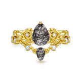 Sterling Silver 10K 14K 18K Gold Pear Cut Gemstone Leaf  Engagement Ring Set