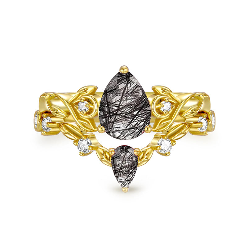 Sterling Silver 10K 14K 18K Gold Pear Cut Gemstone Leaf  Engagement Ring Set