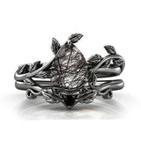 Sterling Silver 10K 14K 18K Personalized Engraved 2CT Natural Black Rutilated Quartz Engagement Ring Set