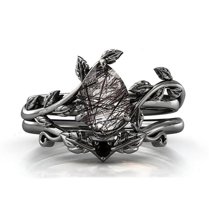 Sterling Silver 10K 14K 18K Personalized Engraved 2CT Natural Black Rutilated Quartz Engagement Ring Set