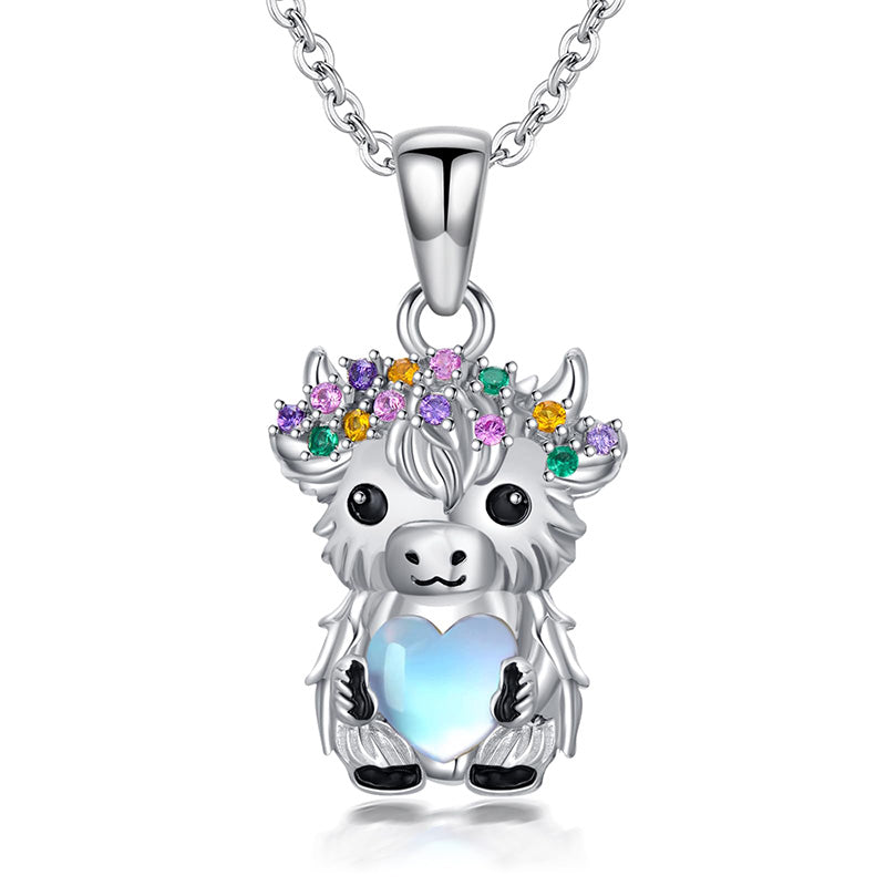 Sterling Silver  Moonstone Colored Cubic Zirconia Highland Cow Pendant Necklace