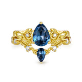 Sterling Silver 10K 14K 18K Gold Pear Cut Gemstone Leaf  Engagement Ring Set