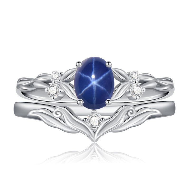 Sterling Silver 10K 14K 18K Gold  Oval Cut Unique Vine Gemstone Wedding Ring Set