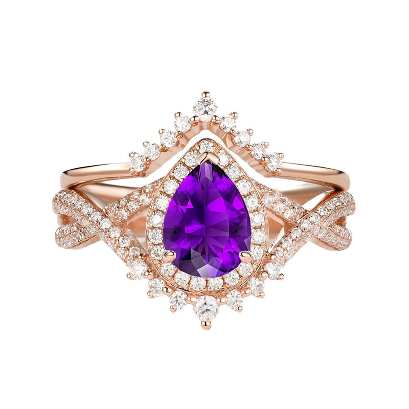 Sterling Silver 10K 14K 18K Gold  Pear Shaped Gemstone Engagement Rings Set