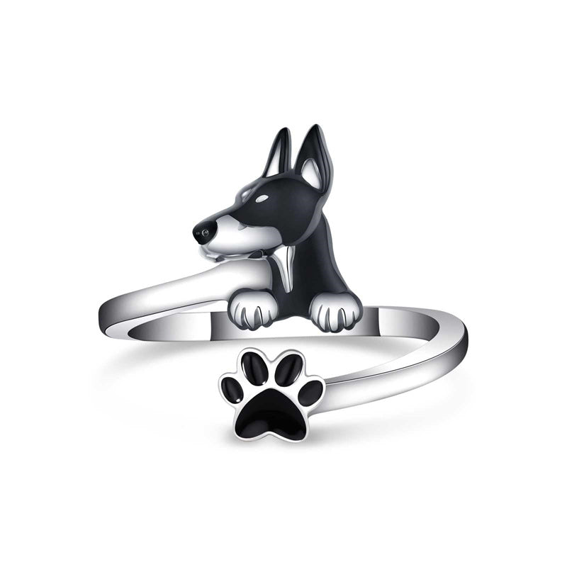 Sterling Silver Black Pug Doberman Boston Terrier Beagle Adjustable Ring