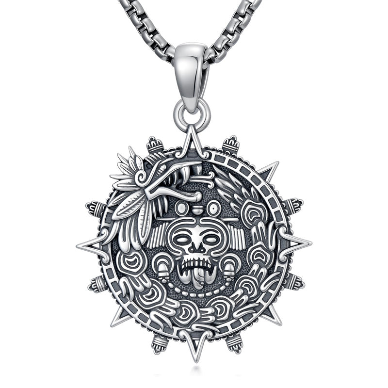 Sterling Silver Mictlantecuhtli Quetzalcoatl Tezcatlipoca Skull Pendant Necklace Aztec Jewelry For Men