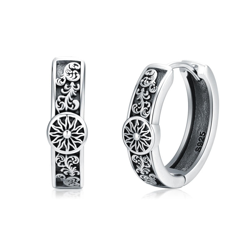 Sterling Silver Cross Sun Viking Wave Hoop Earrings for Men