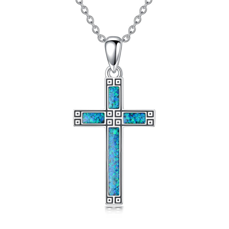 Sterling Silver Turquoise Obsidian Opal Necklace Christian Cross Pendant Necklace